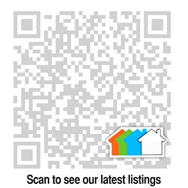 Custom QR Code example with image in the bottom right Image of a Custom QR Code for real estate that shows icons of houses in the bottom right with the text ‘Scan to see our latest listings’